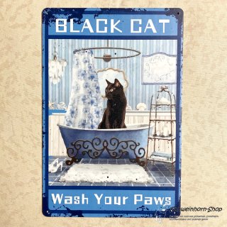Blechschild Katze in Badewanne "Black Cat - Wash your Paws" Hochformat, blau
