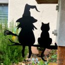 Gartendeko Silhouette Katzen mit Hexe auf Ast sitzend,...