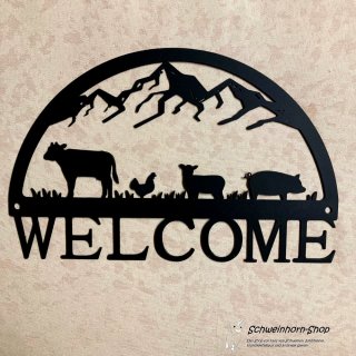 Wanddeko aus Metall "Welcome" mit Farmtieren